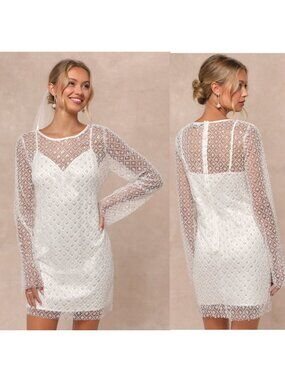 Lulus Glowing Charisma White Sequin Pearl Mesh Long Sleeve Mini Dress Small New